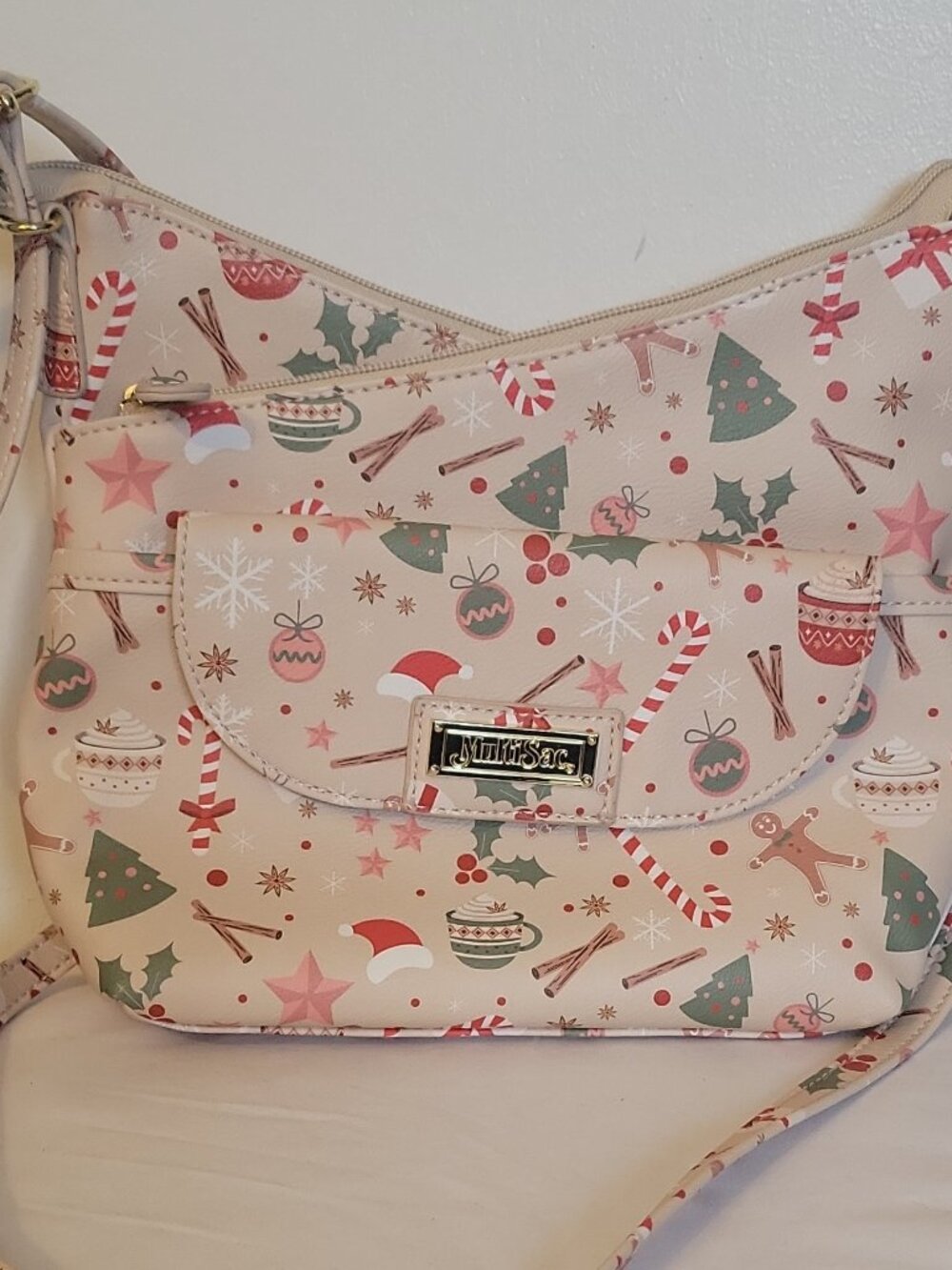 MultiSac shoulder bag, Christmas print, beige-multicolor, gold hardware, adjust…